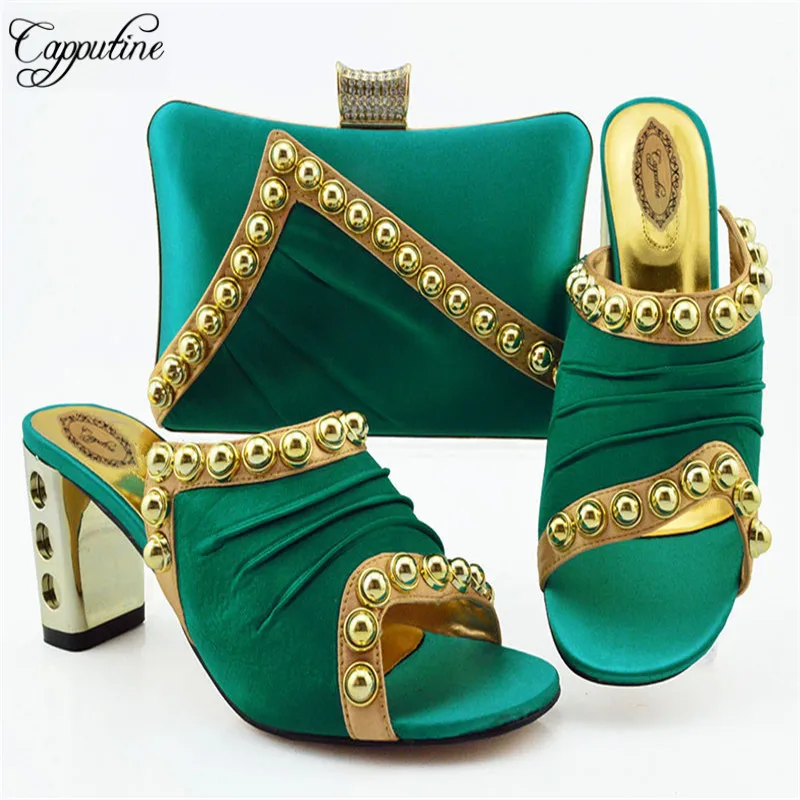 

Capputine Latest African Woman Shoes And Bag To Match Set Summer Elegant Green High Heels Shoes And Bag Set For Party Size 38-43