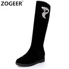 Модные женские сапоги; сезон осень-зима; женские пикантные роскошные сапоги до колена со стразами и лисой; теплая женская обувь из флока, увеличивающая рост