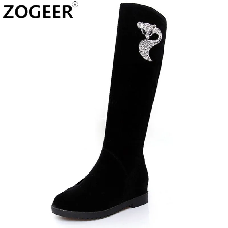 

Fashion Autumn Winter Women Boots Ladies Sexy Luxury Rhinestone Fox Knee High Boots Flock Height Increasing Warm Ladies Shoes