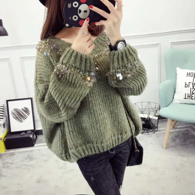 New Year Fall Winer Runway Sweater Women Sequined Knitting Sweaters Casual Loose Pullovers Female Warm Tops Outerwear | Женская одежда