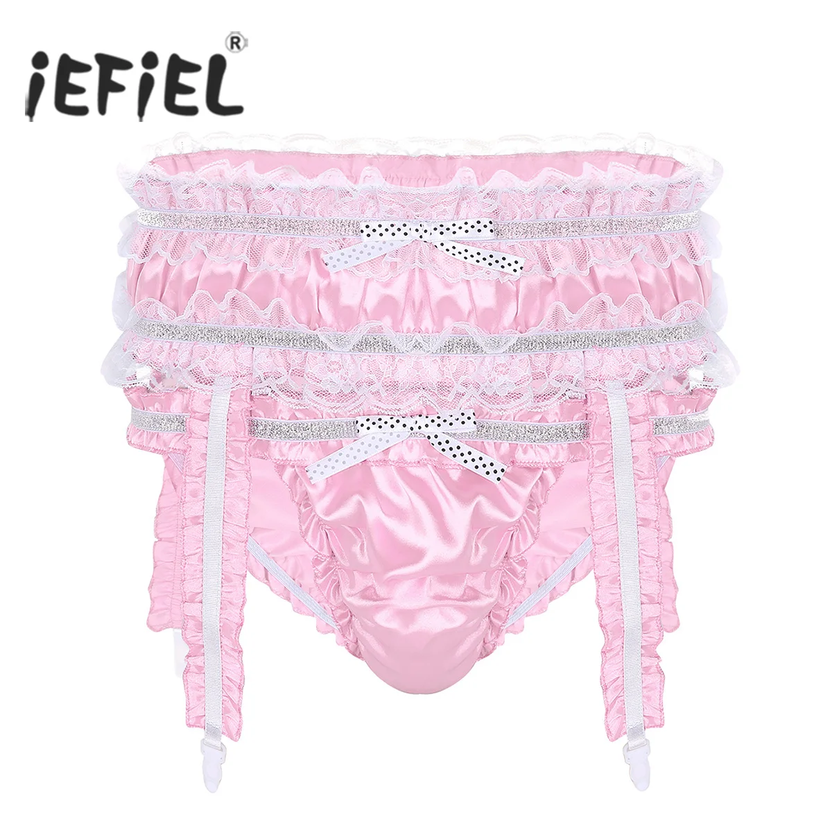 

Mens Gay Lingerie Underwear Soft Shiny Satin Ruffled Frilly Low Rise Stretchy Sissy Bikini Briefs Underwear Panties with Garters