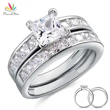 Pavo real Estrella Sólida Plata de ley 925 Pc Wedding Engagement Ring Set 1 Ct de Princesa Cut Creado Joyas de Diamantes CFR8020