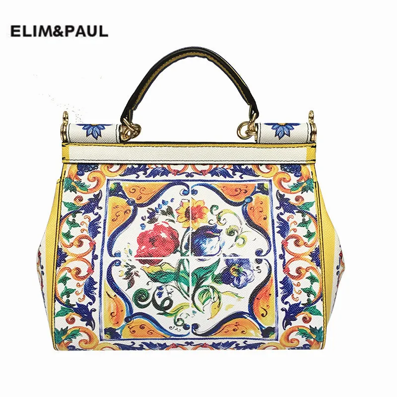 

Famous Designer Flower Print Painted Tote Shoulder Bag Female Sicilian Vintage Ethnic Style Handbag Genuine Leather Clutch Purse