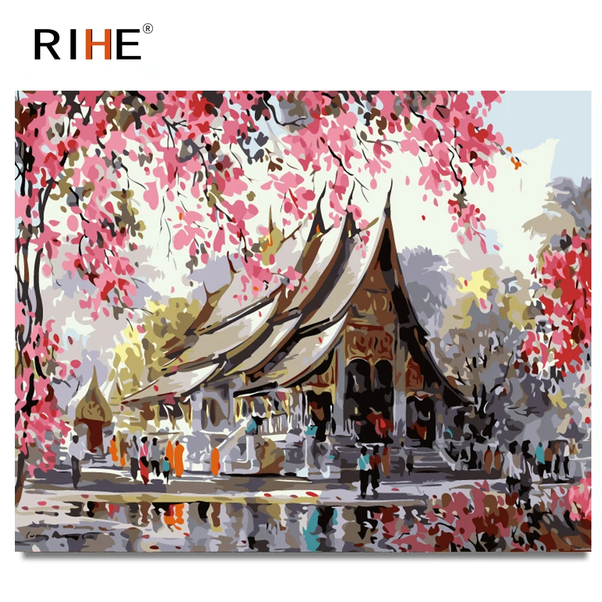 

RIHE Fabulous View Diy Painting By Numbers Pink Flower Oil Painting On Canvas Cuadros Decoracion Acrylic Wall Picture 40X50CM