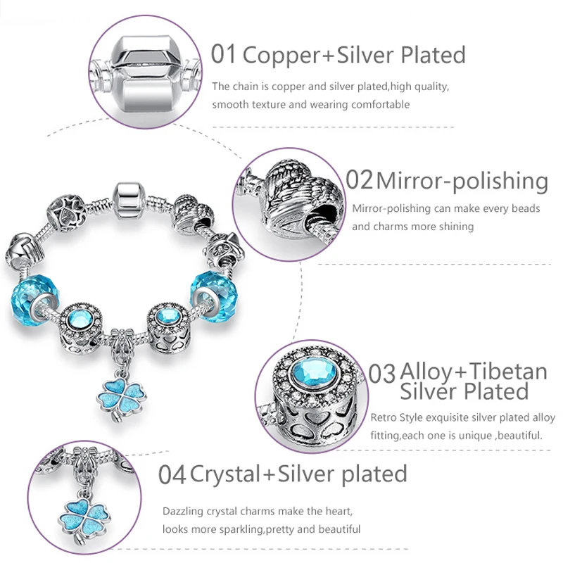 ELESHE Christmas Gift Blue Murano Glass Beads Crystal Clover Charm Bracelet Fit European Bracelet for Women Friendship Jewelry