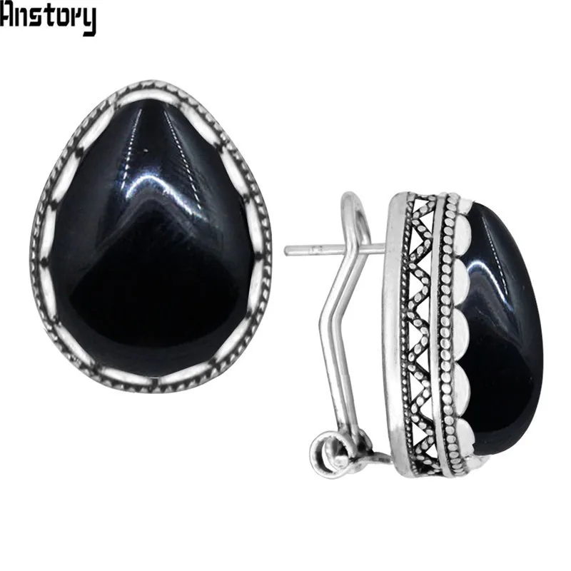 5 Colors Water Drop Stone Earrings Stud Vintage Lady Antique Silver Plated Push-Bback Earrings Fashion Jewelry TE509 - Окраска металла: Black