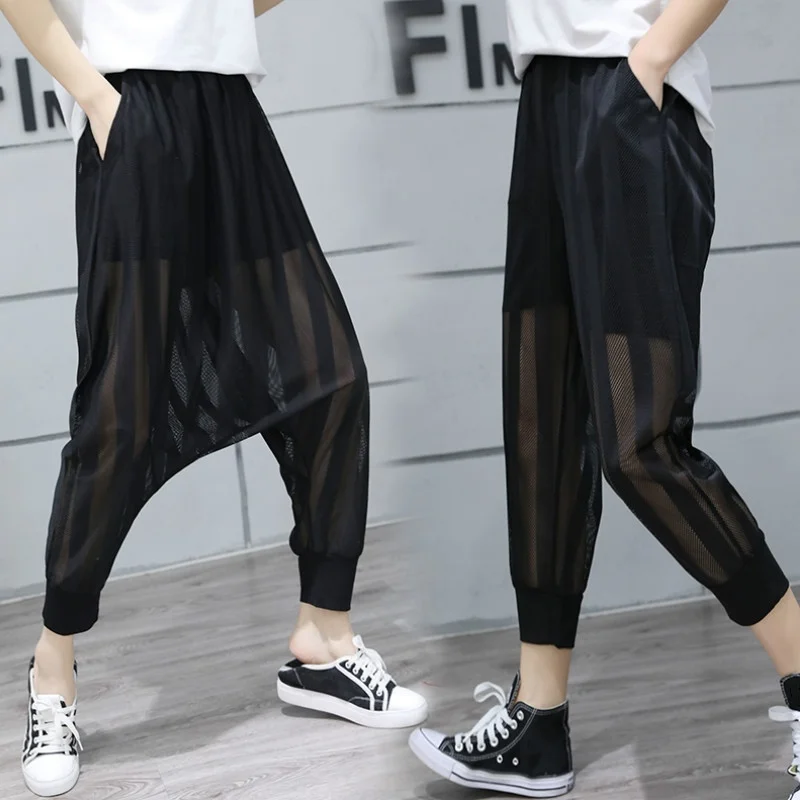 Women Drop Crotch Harem Pants Trousers Striped Mesh Loose Baggy Tapered Hippy Ankle-Length Pants Black Mesh Decoration 912-A297 capri jeans for women