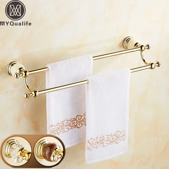 

Luxury Crystal and Jade Wall Mounted Double Towel Bar Golden Brass Bathroom Dual Bar Towel Holder Rod