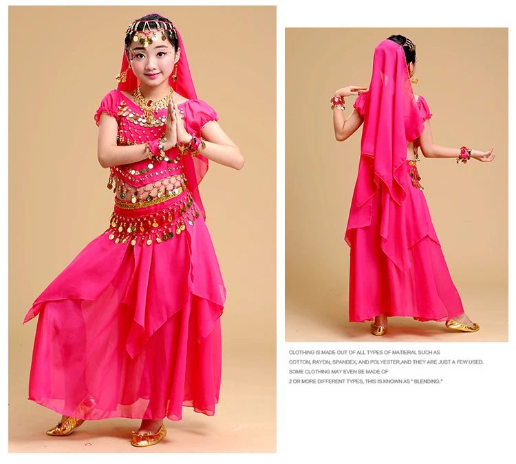 Танцевальный Костюм Болливуда для девочек, Детский костюм для танца живота, индийское сари, детский шифоновый наряд на Хэллоуин, топ с поясом, юбка, фата-украшение для волос