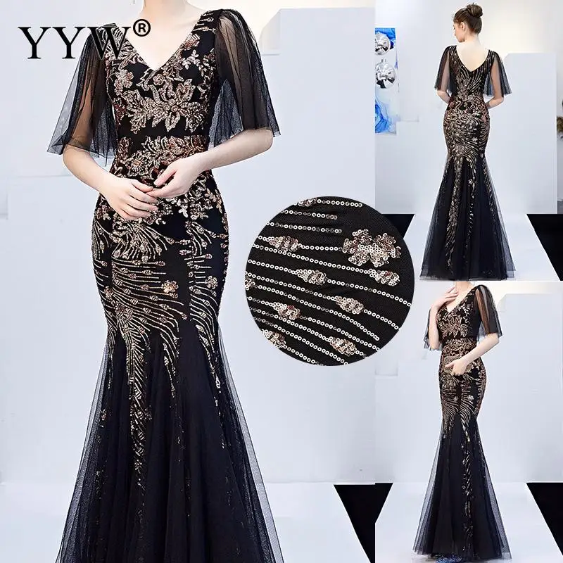 

Black Mesh & Gold Floral Sequined V Neck Mermaid Dress Luxury Formal Evening Party Long Dress Batwing Sleeve Sexy Nightclub Wear