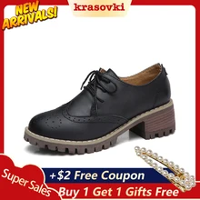 Krasovki/Туфли-оксфорды; Женская Осенняя кожаная обувь на грубом каблуке; Прямая поставка; водонепроницаемая обувь на платформе с круглым носком; модные тонкие туфли для отдыха