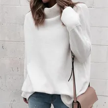 Осень-зима, новинка, длинный рукав, Свитер с воротником Для женщин Повседневное Свободные Теплые однотонные трикотажная Футболка для девочки