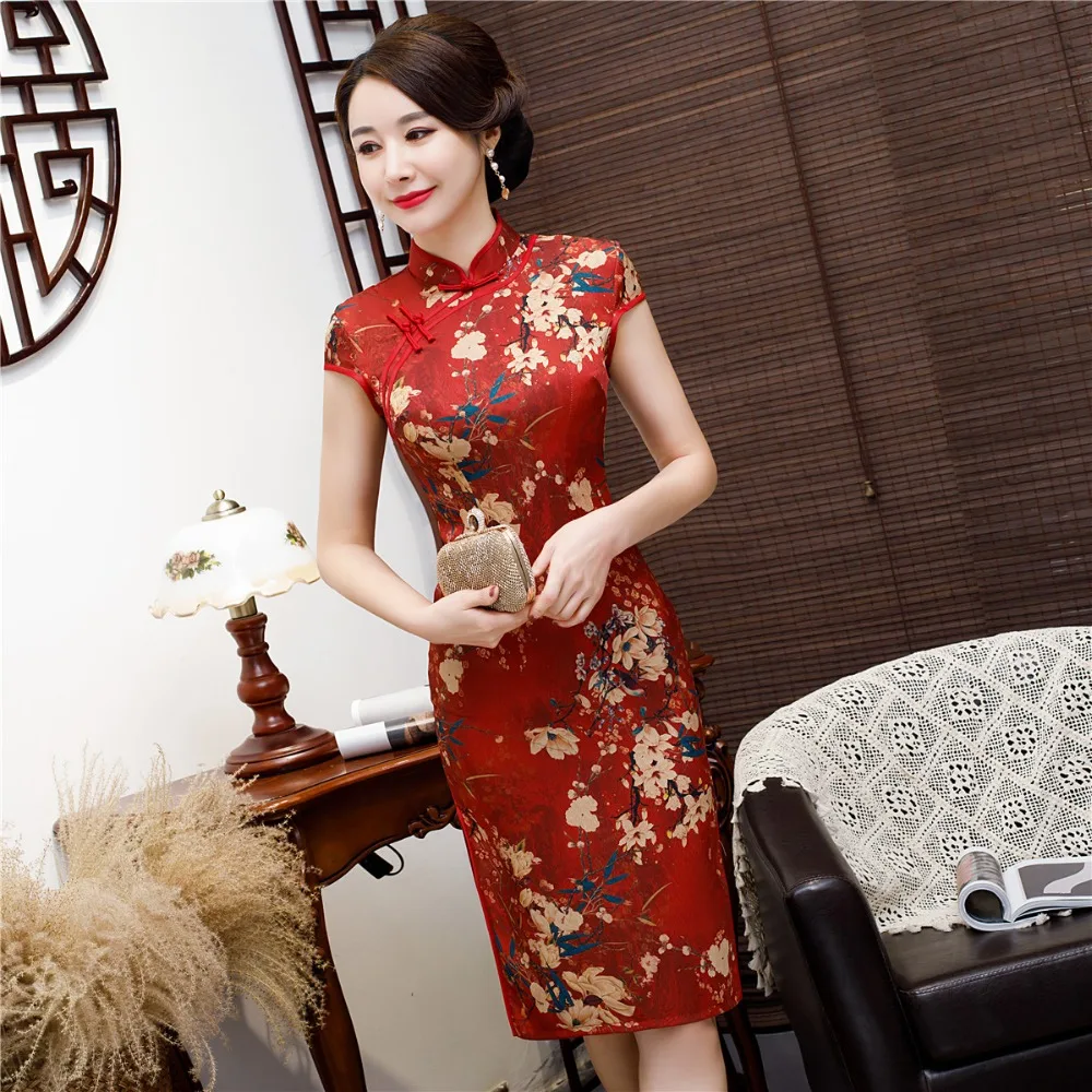 Шанхай история по колено Qipao искусственная китайское традиционное платье Oriental стиль китайский женские платье-Чонсам красный и зеленый