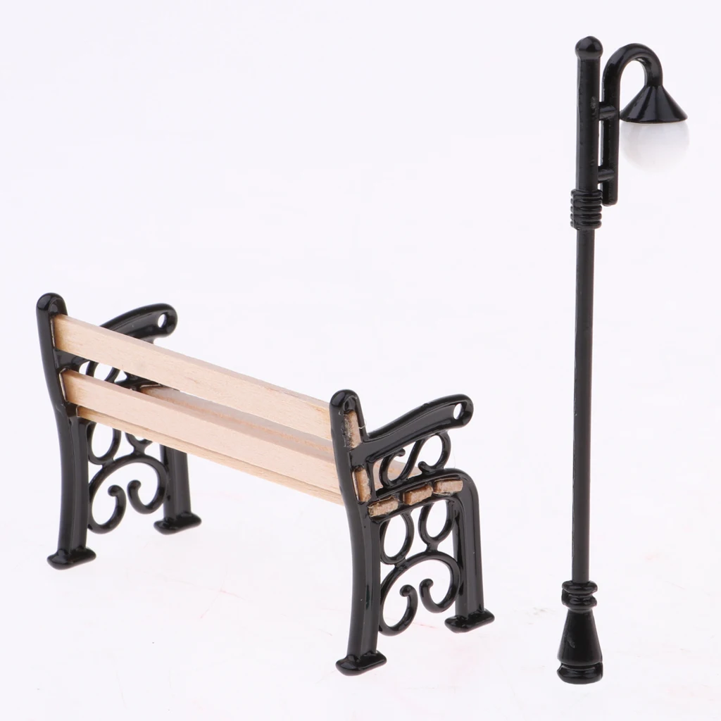 1/12 Dollhouse Miniature Garden Patio Furniture Wooden Bench & Street Lamp Decoration