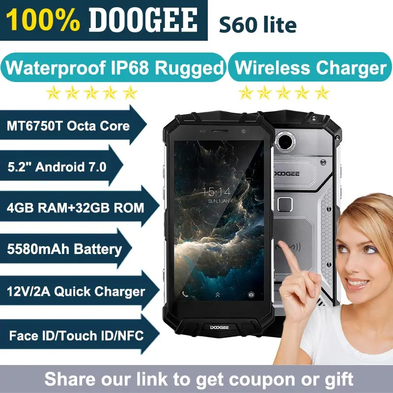 DOOGEE S60 lite IP68 водонепроницаемый мобильный телефон 5580 мАч 5," FHD 4 Гб+ 32 ГБ MT6750T Восьмиядерный 16MP Беспроводное зарядное устройство Android смартфон