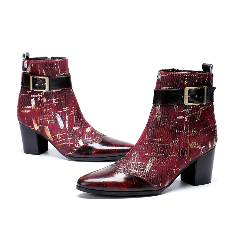 Cuero Botas Aumento Boda red Tacón Moda Trabajo Carrera Alto La Nuevos Hombres Tobillo Hebilla Impresión Los Zapatos Altura De Black q8nYfgS