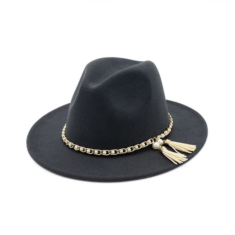Шерстяная фетровая шляпа Панама джазовые фетровые шляпы с кисточками и жемчугом винтажная Кепка для официальных вечеринок и сценических верхних шляп для женщин и мужчин унисекс - Цвет: Dark  gray