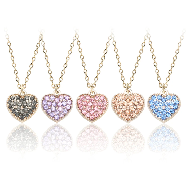 

Fashion Rhinestone Love Jewelry Personality Men And Women Color Peach Heart Necklace Black Blue Pink Metal Pendant Jewelry Gift