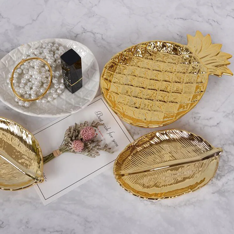 

Gold Leaf Ceramic Plate Dish Porcelain Candy Trinket Dish Jewelry Fruit Serving Tray Storage Plate Crockery Tableware Home Decor