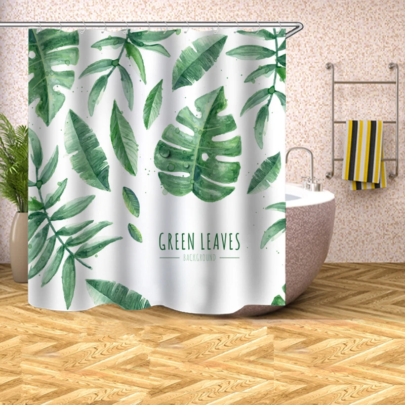 

1PC Fresh Style Bathroom Decor Green Leaves Shower Curtains Waterproof Polyester Bath Curtain Screen Washable Bathroom Curtains