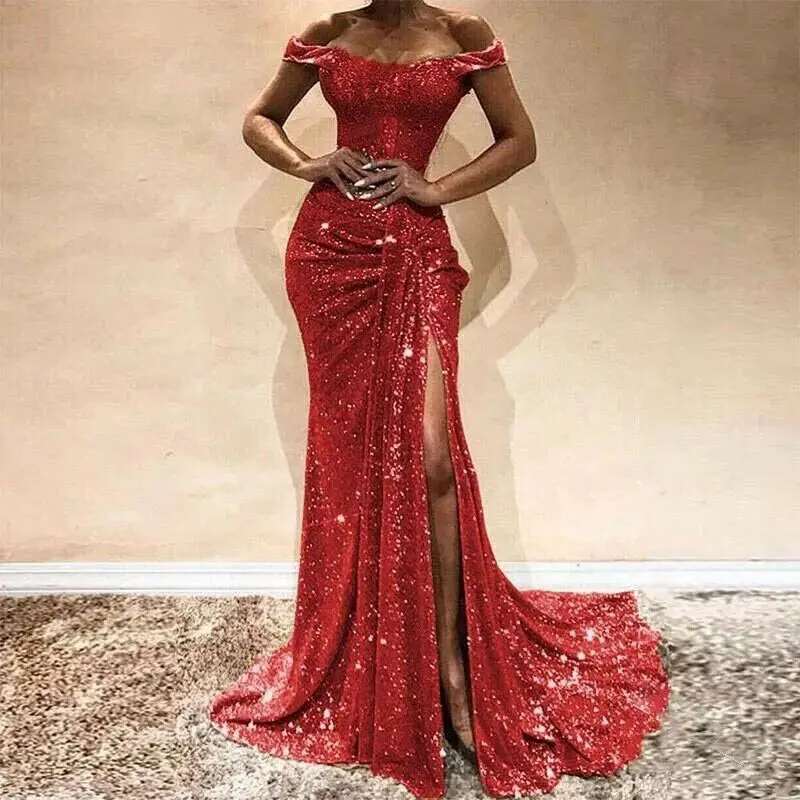 Women's Formal Long Dresses Off-Shoulder Sleeveless High Waist Sparkling Dress Wedding Evening Party Ball Prom Gown