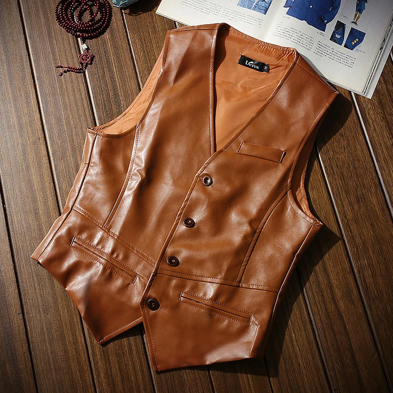 

2019 Men's autumn new casual fashion wild PU vest , men's leather slim vest for men , Brand Leisure Sleeveless suit Vests male