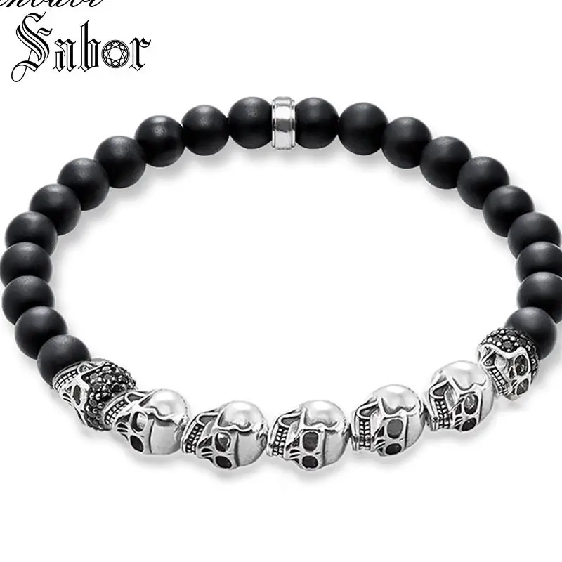 

thomas Black Stone Skull Pave Beads Bracelet Obsidian Matted Bracelet New Fashion Silver Punk Jewelry Gift Men Women accessories