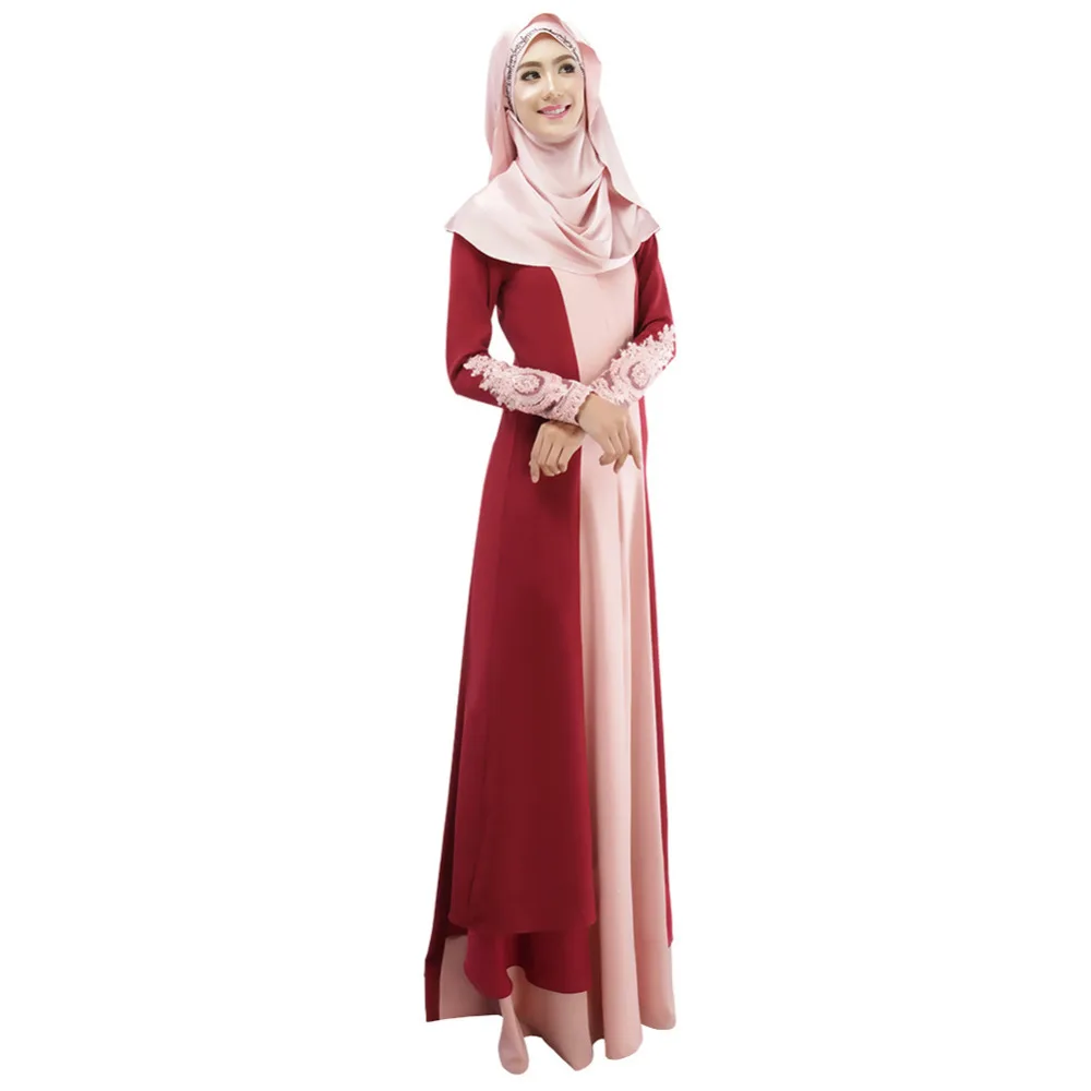 2019 de las mujeres de la moda musulmana vestido de empalme de bloque de Color de encaje de ganchillo de la cremallera manga larga árabe Maxi una pieza de Ropa de Mujer
