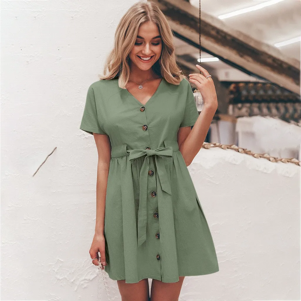 

2019 Summer ladies fashion dress short-sleeved V-neck button-up lace-up dress short-sleeved buttoned midi dress robe femme 40*