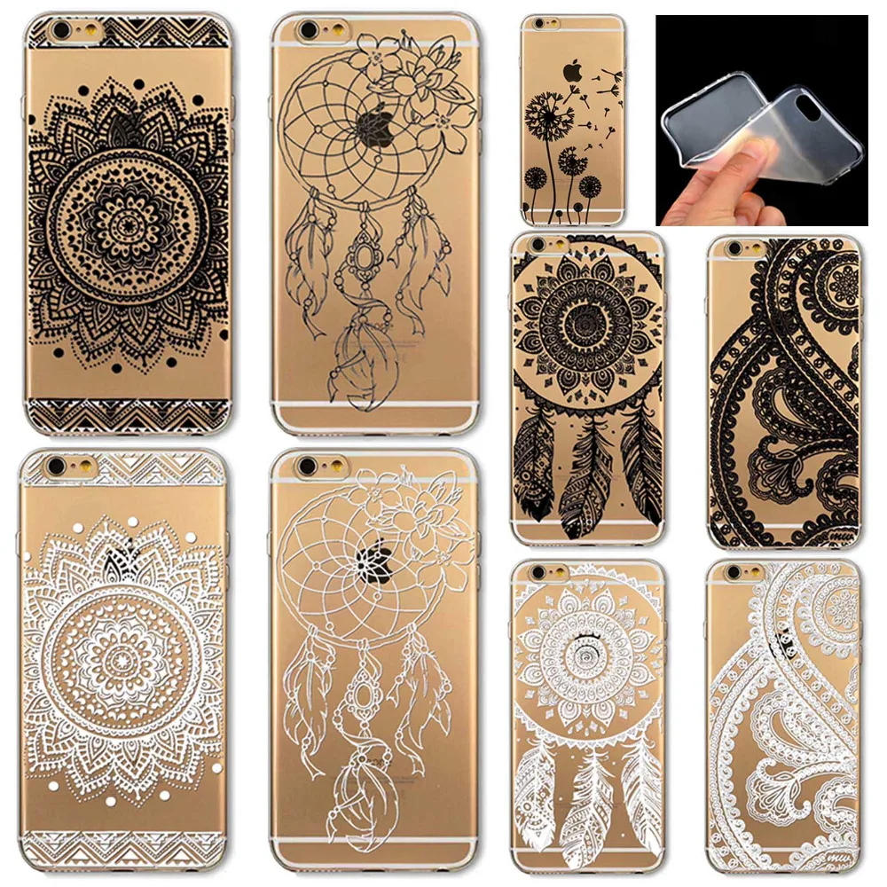 Phone Case Cover for iPhone 4 4S 5 5S 5C 6 6S 6Plus 6s Plus Soft Vintage White Black Paisley Datura Flower Mandala Capa Celular
