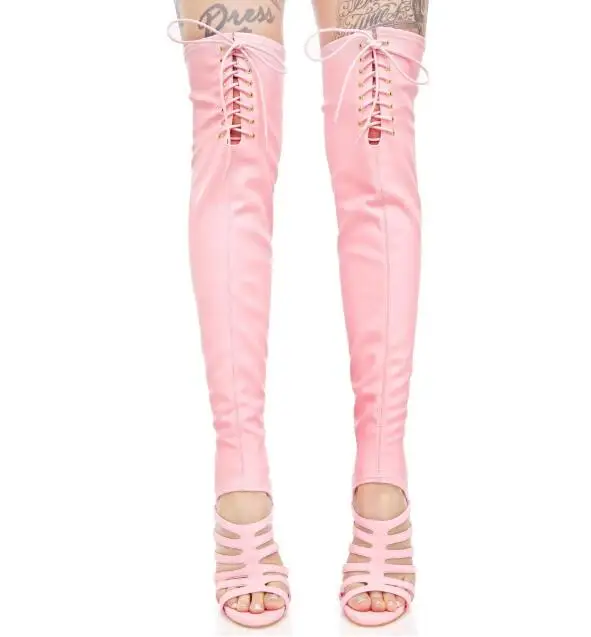 À Talons Cut En 2018 Stretch Out Pink Bottes Sur Le Cuir Lacets Bretelles Printemps Slingback Sexy Mode Femmes Hauts Genou TFlKc1J