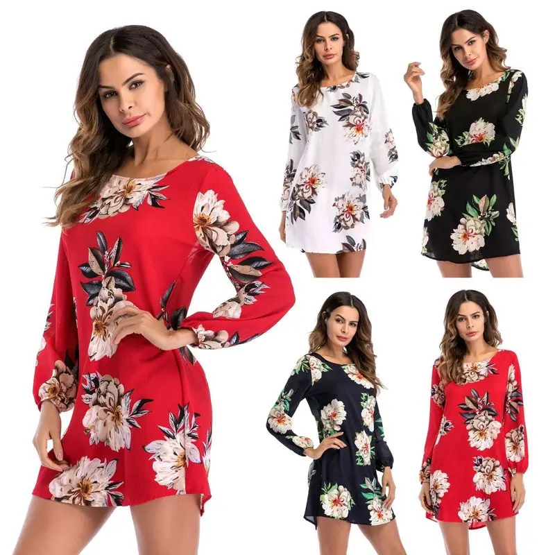

Boho Printing Short Dress Summer Women Clothes Elegant Flower Vestidos Long Sleeve O Neck Back Bow Tie Chiffon Plus Size Dress