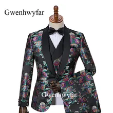 Gwenhwyfar роскошные цветочные мужские костюмы Черный Slim Fit индивидуальный пошив для жениха свадебное платье костюм вышитый мужской для смокинга 3 шт