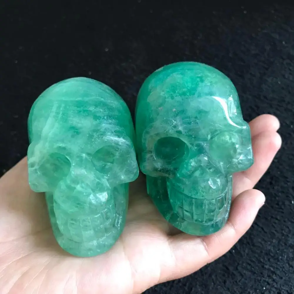 

Free ship 2.7" Cheap natural green fluorite quartz carved crystal reiki skull head healing for Fengshui home decoration JM