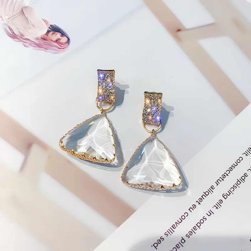 Серьги из стерлингового серебра 925 пробы, роскошные треугольные серьги с большим кристаллом для женщин, женские корейские модные вечерние ювелирные изделия