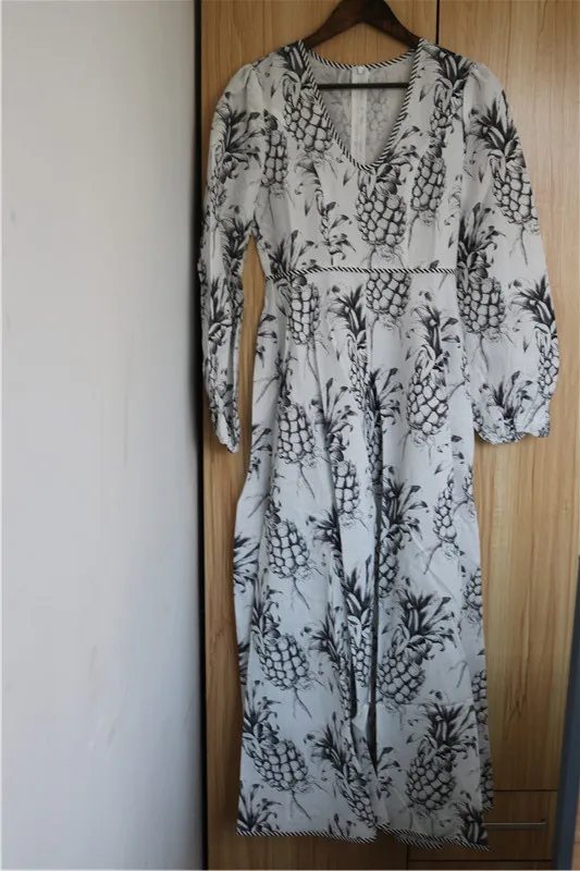 

100% Linen Women Pineapple Print Summer Long Dress female V-neck Beach Holiday Long Sleeve Midi Dresses