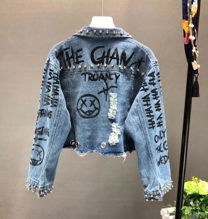 awesome Diamonds rivet Graffiti print cropped denim jacket 2019 Punk short jackets holes jeans jacket women