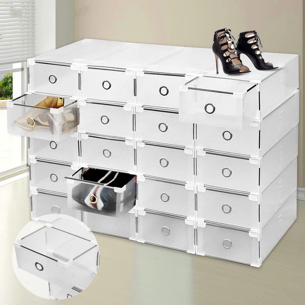 10/20pcs Stackable Foldable Clear Shoe Storage Cases Drawer Boxes Wardrobe 