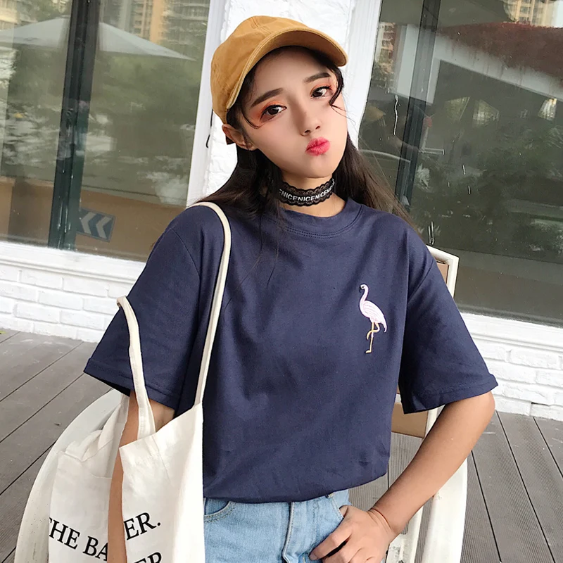 

BGTEEVER Summer Embroidery Loose T-shirt Fashion Short Sleeve Women Tops White Tees Round-neck Female Tops 2018 Oversized