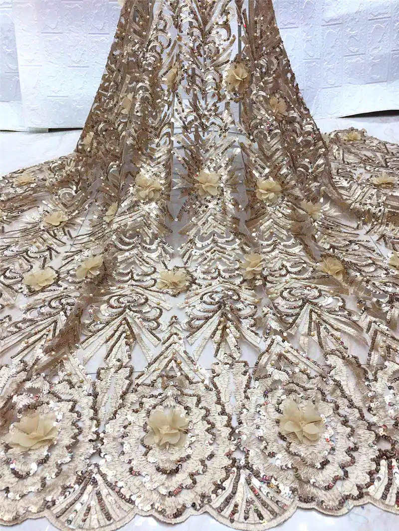 

african embrodiery sequin lace 3d flower Lace Fabric high quality french tulle mesh lace fabric For Bridal dress FJA23-2