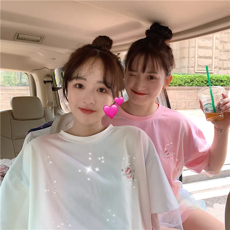 Women Embroidery Harajuku T shirt Casual Gauze Mesh Korean Clothes Sweet Gradient Color Tee Shirt Femme Fashion Vintage Top