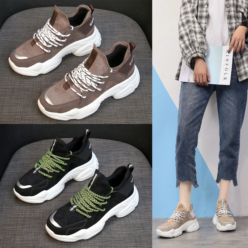 

BomKinta PU+Mesh Running Shoes Women Height Increasing Sneakers Female Comfortable Breathable Sports Shoes Brown Chaussure Femme