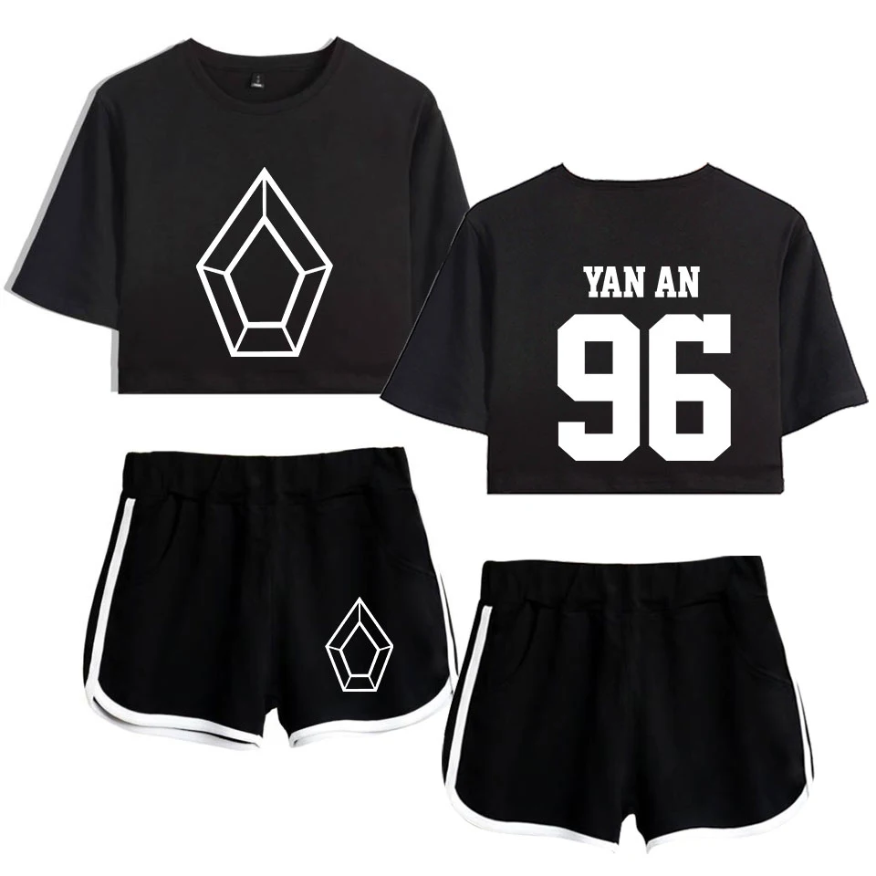 

New Hot Pentagon YAN AN 96 Exposed Navel Black t shirt+ shorts women's two-piece sets Fashion Summer women's/girl's casual sets