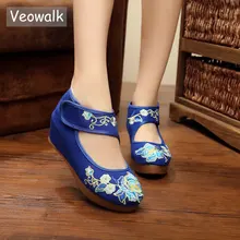 Veowalk/женские парусиновые туфли на плоской платформе с ремешком на лодыжке, украшенные цветами ручной работы, обувь из хлопка с вышивкой «Старый Пекин» женская повседневная обувь с круглым носком