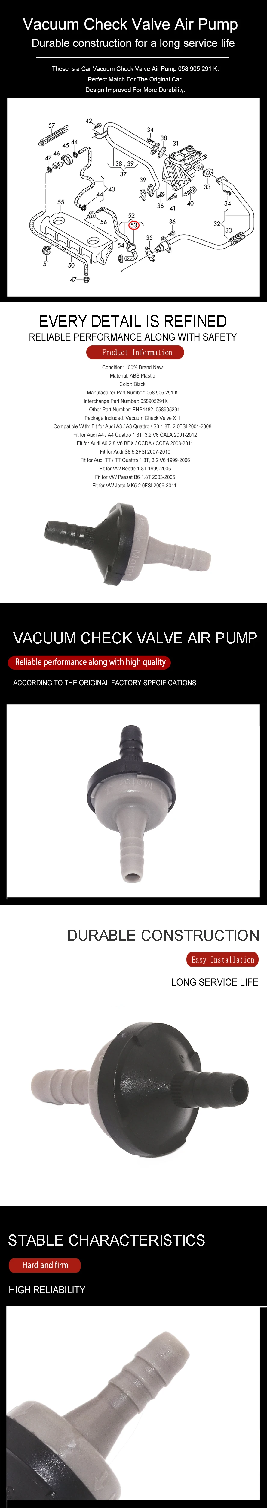 Wooeight ENP4482 058905291K Vacuum Air Pump Check Valve 058 905 291 K for Audi A3 A4 A6 S8 TT VW Passat B6 Jetta Beetle 1 (8)
