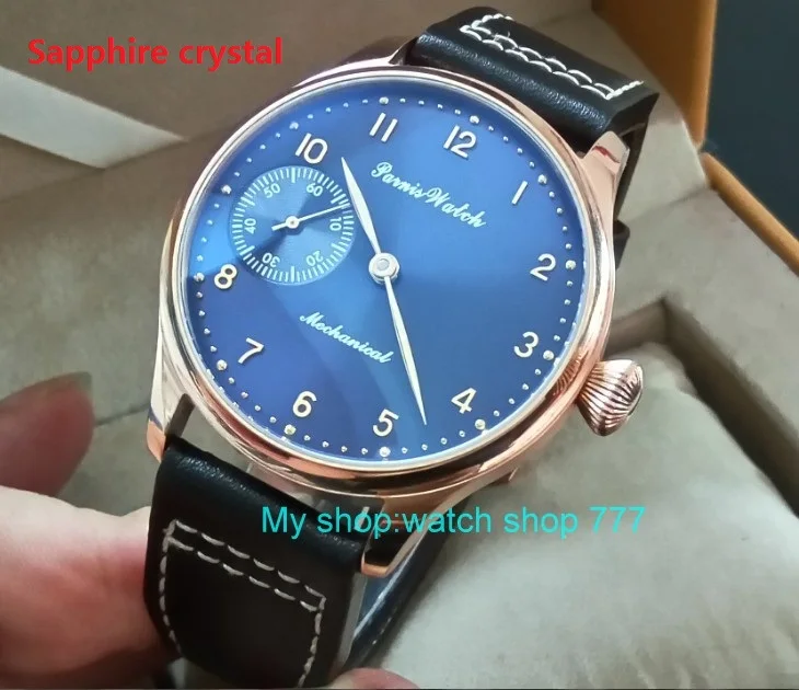 

Sapphire crystal 44mm PARNIS blue dial 17 jewels Asian 6497/3600 Mechanical Hand Wind movement men's watch Rose gold case 393A
