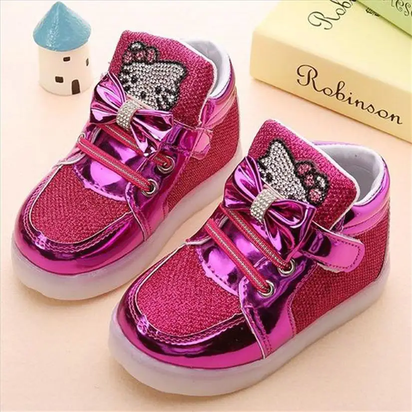 Children Shoes 2016 New Spring Hello Kitty Rhinestone Led Shoes Girls Princess Cute Shoes With Light EU 21-30
