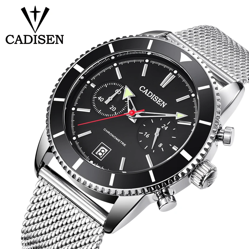 

CADISEN Luxury Fashion Men Quartz Watch mesh Steel belt Waterproof business clock timing Automatic date Men Watch zegarek meski