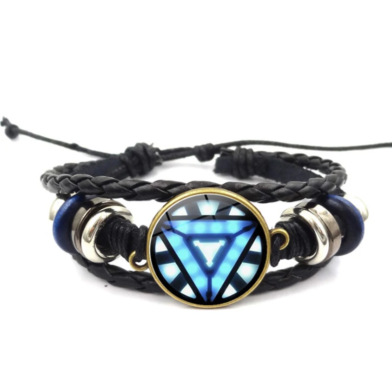 

Marvel Bracelet Iron Man Tony Stark Arc Reactor Leather The Avengers 3D Printed Glass Gem Charm Bracelet Bangles