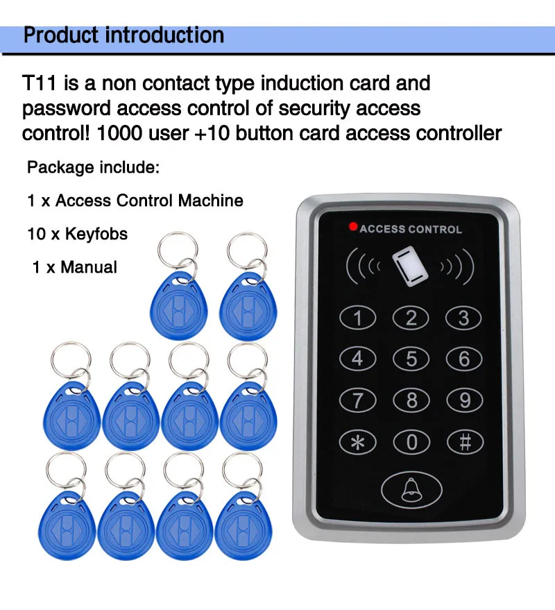 Горячая! RFID Бесконтактный контроль доступа с цифровой клавиатурой support1000 пользователей+ 10 брелков для RFID система контроля допуска к двери